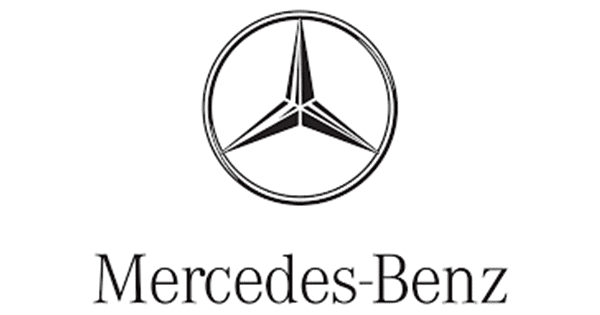 Schwarzes Mercedes-Benz-Logo mit einem dreizackigen Stern auf weißem Hintergrund.